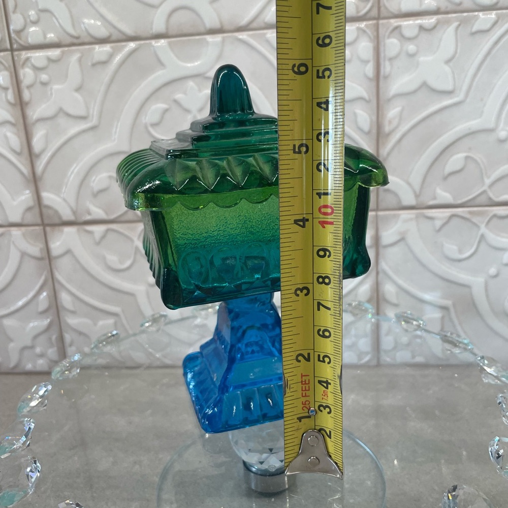 Vintage Jeannette Glass Wedding Blue Green Pedestal Covered Candy Dish With Lid - Picture 6 of 8